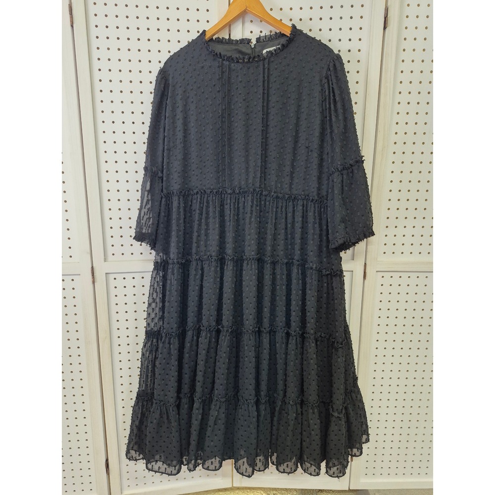 Dainty Jewells Black Swiss Dot Tiered Midi Dress 2XL Ruffle Neck Modest Sleeves